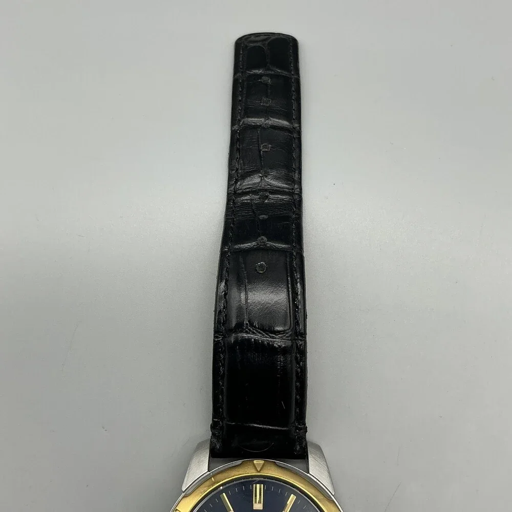 Seiko Solar Mens Watch 37mm Blue Dial Two Tone Black Leather Day Date V158-0AD0